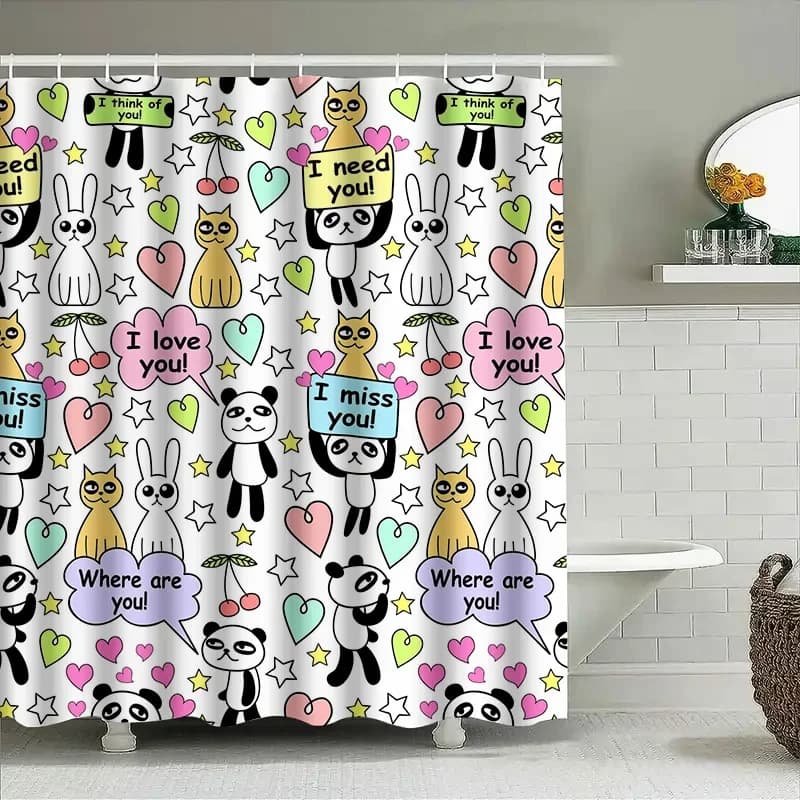 Adorabile tenda da doccia impermeabile con animali e cuori: il design simpatico cartone animato aggiunge un fascino divertente e accogliente per l'arredamento del bagno