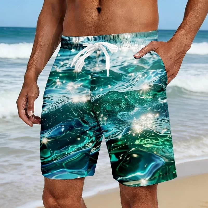 Costume da bagno da uomo con grafica onda oceanica vivace, pantaloncini leggeri stampati in 3D, pantaloncini corti estivi da surf hawaiano, pantaloncini da spiaggia larghi
