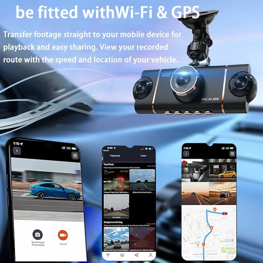 360 ° Dash Cam 4 channel WiFi for night vision, app control, loop recording, 2,45 inch high definition dashboard camera for vehicles