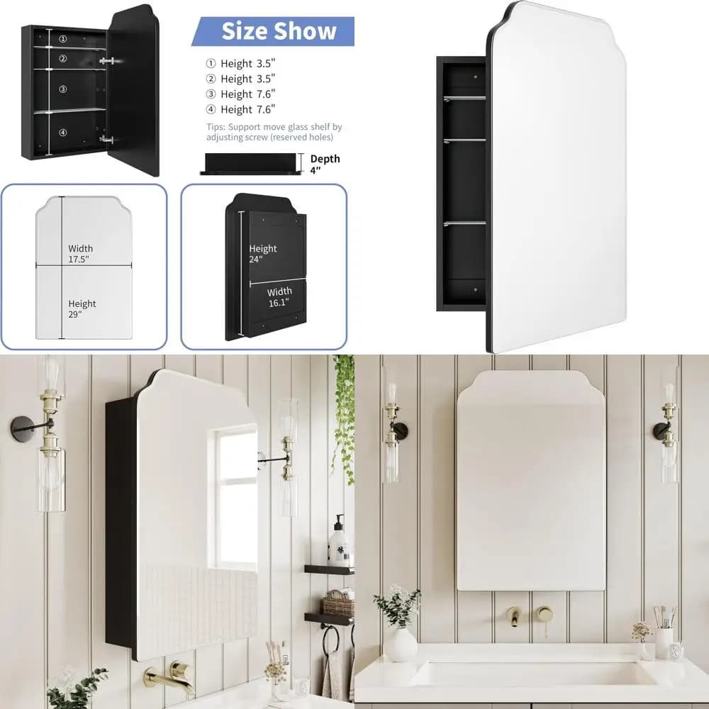 Mobiletto da bagno contemporaneo in legno con specchio curvo, nero, 17,5x29
