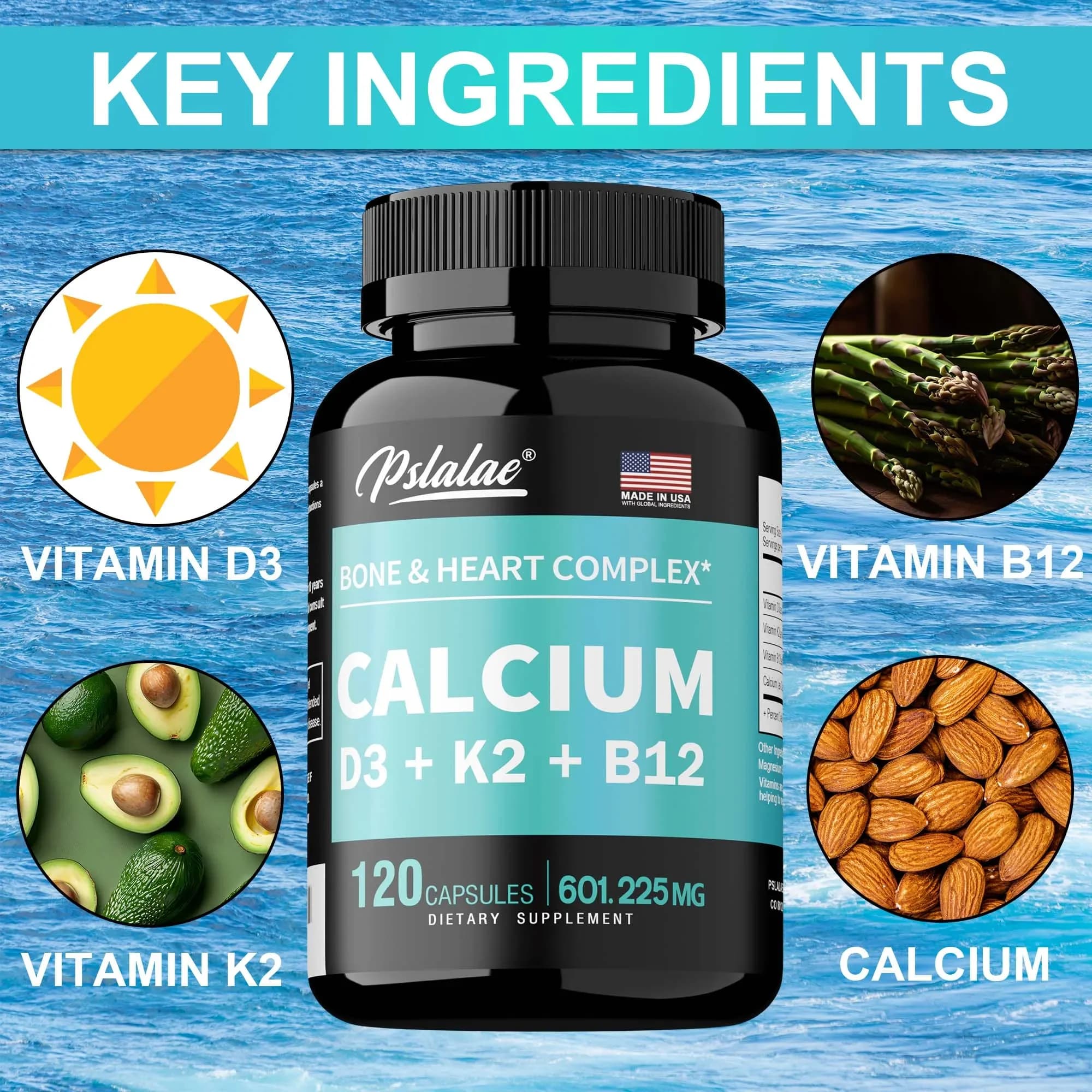 4-in-1 Calcium Supplement with Vitamin D3 K2 B12 - Supports Bones, Teeth, Heart and Immune System Function