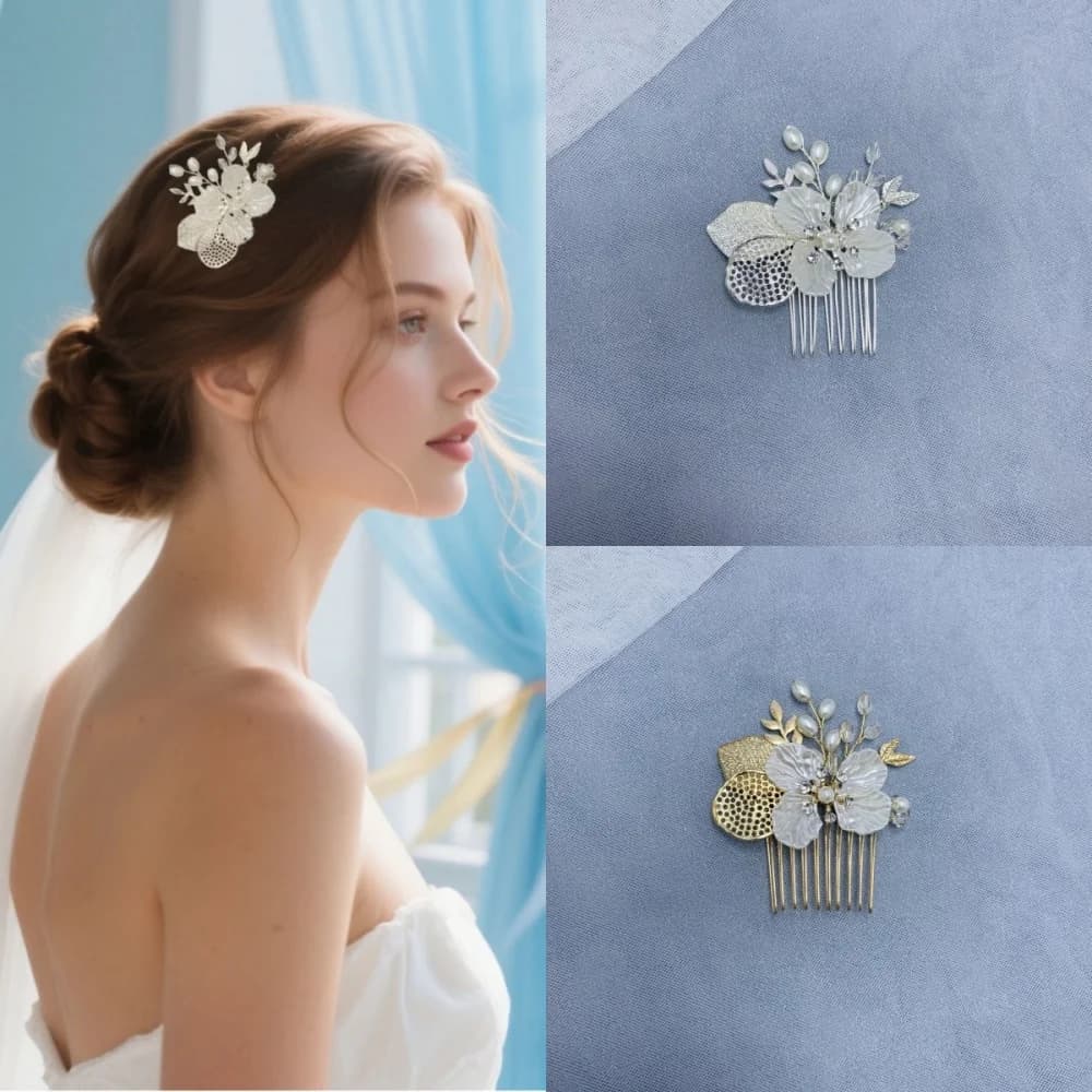 Fermaglio per capelli a petalo di perla fatto a mano, con strass e fiore, accessorio per capelli da sposa, gioiello per capelli, pettine per capelli