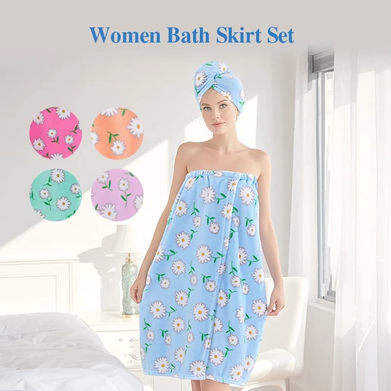 Set combinato da 2 pezzi Gonna da bagno + Cuffia da doccia Margherita Stile pastorale Indossabile Asciugamano da bagno Gonna Avvolgere i capelli Fiore Morbido e assorbente