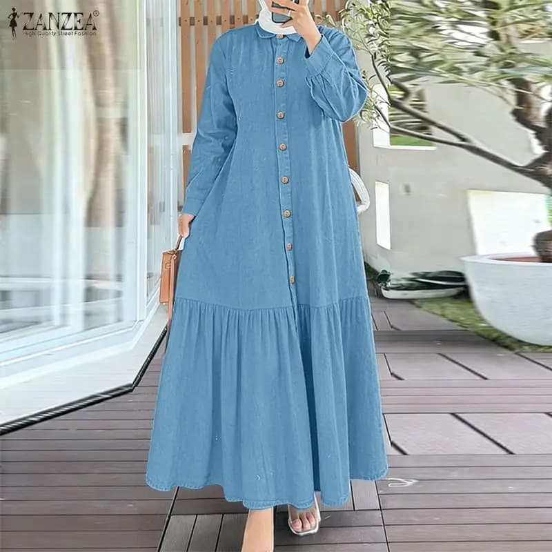 2026 ZANZEA Vestito Lungo da Donna in Denim Blu con Collo a Risvolto e Maniche Lunghe, Abito Casual Kaftan Primaverile Musulmano, Abaya Tinta Unita Vestito Ampio
