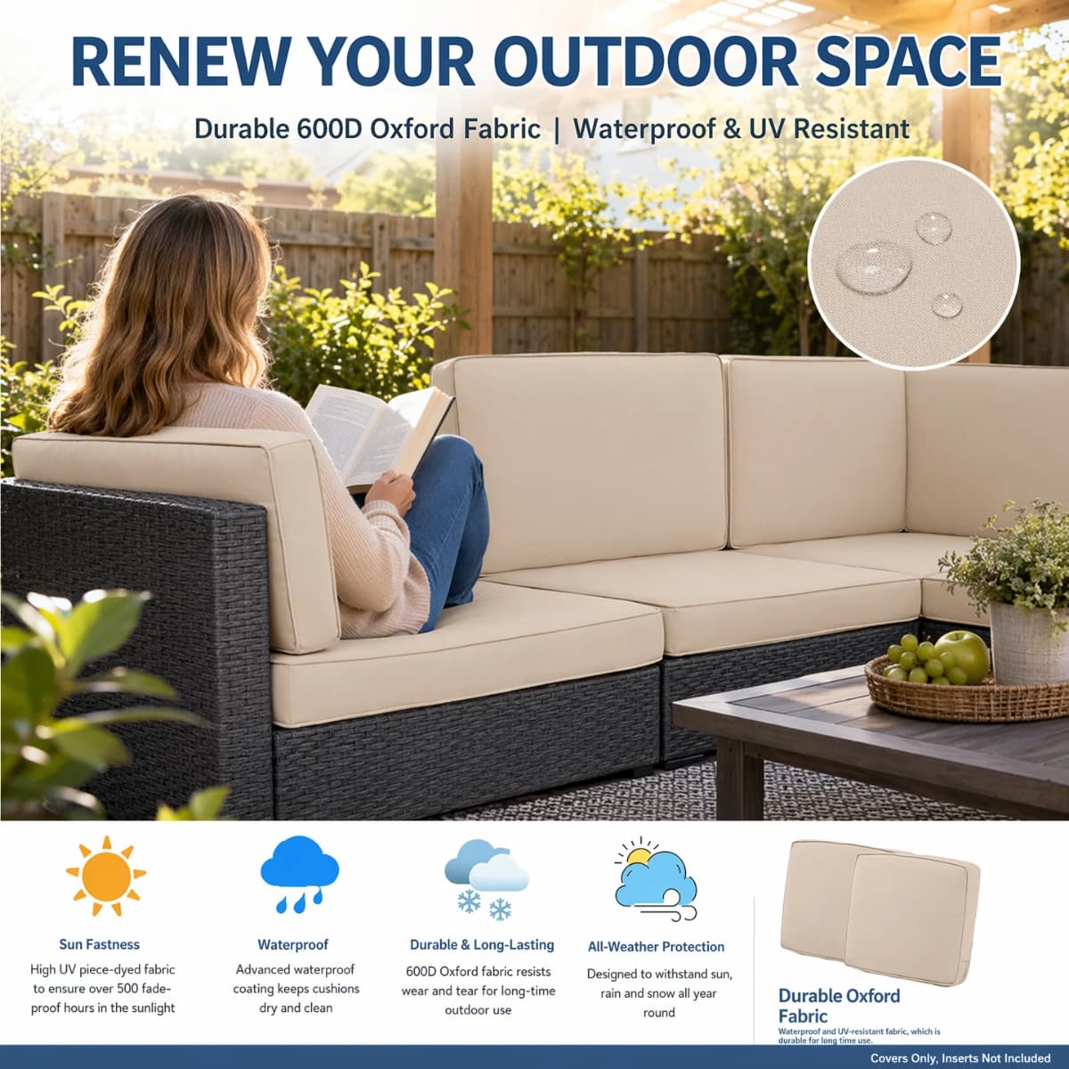 Patio Cushion Cover Patio Chair Seat Cover, 600D Thick Material Replacement Cushion Cover (Cover Only) Three Color Options