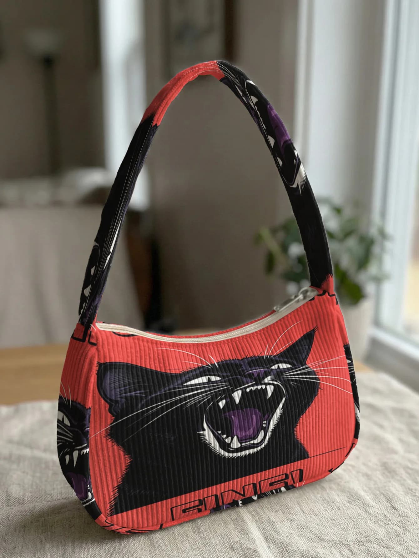 Trendy Angry Black Cat Print Shoulder Bag, Corduroy Underarm Bag for Daily Casual Use