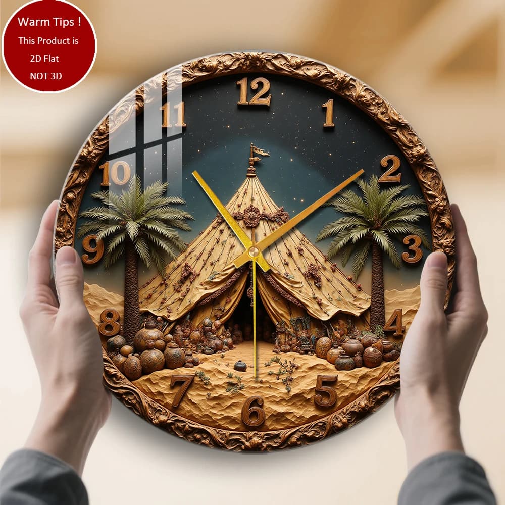 Tempered glass wall clock, desert curtain, palms, stars, vases, suitable for wall decorations or table displays everywhere