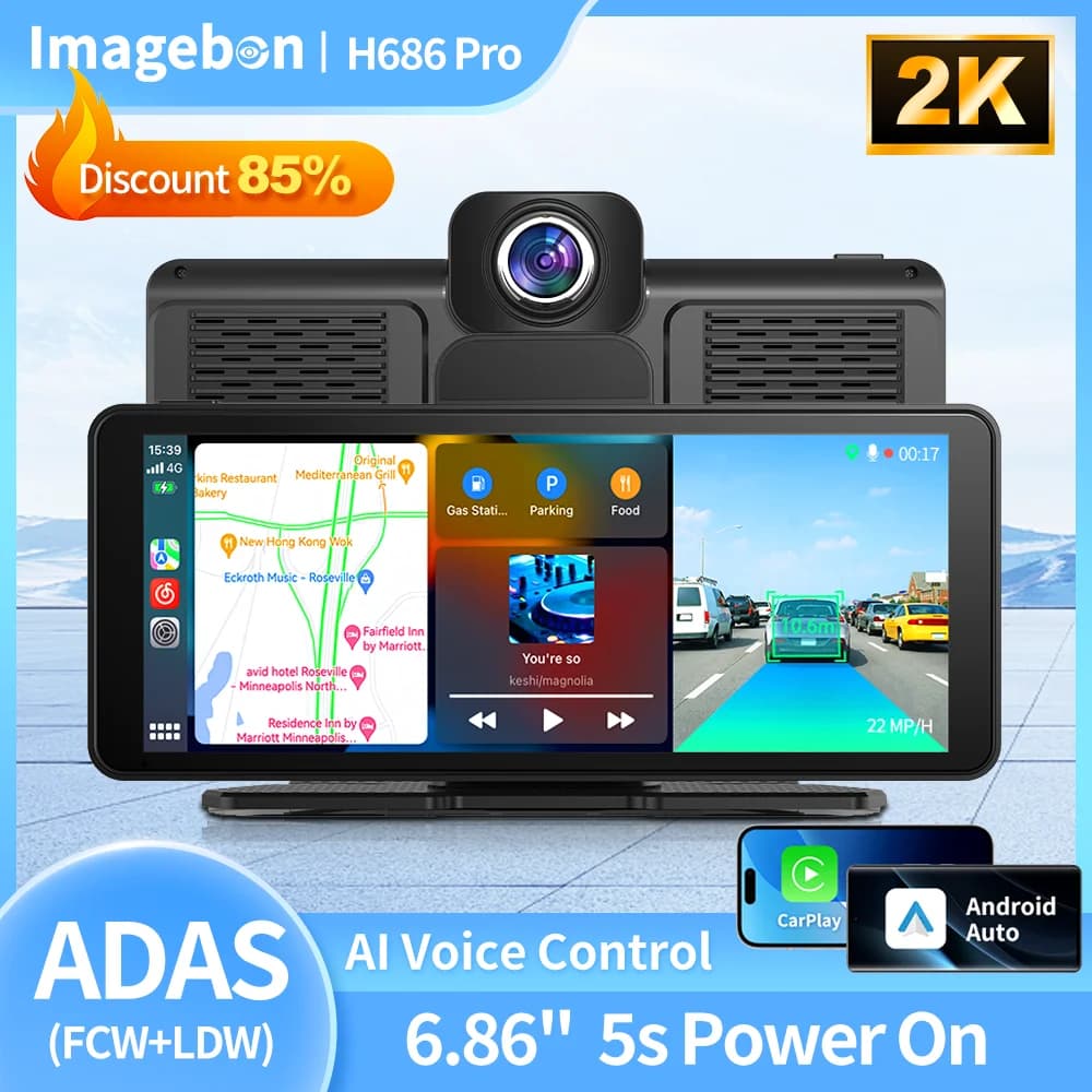 Imagebon H686 Pro ADAS 2K+1080P Dashcam Double Lenten with Carplay Wireless and Android Auto, Voice Control AI, Wifi, FM, AUX, Speaker
