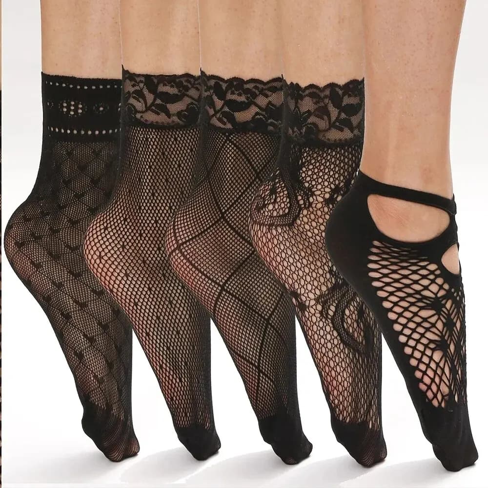 5 Paia di Calzini Vintage in Pizzo da Donna, Calzini Estivi Trasparenti Elastici a Rete, Calzini Neri a Rete da Donna Versatili Stile Lolita