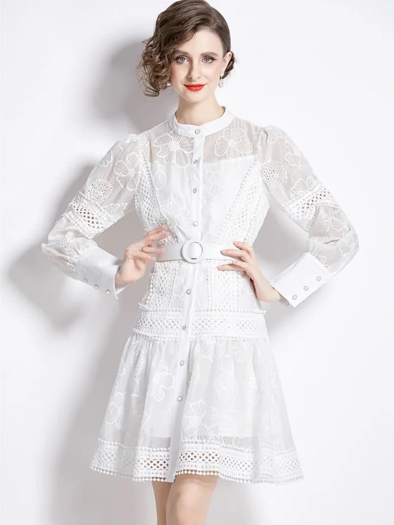 Elegante Abito Camicia Traforato con Fiori, Abbigliamento Primaverile Donna 2026, Mini Abito a Maniche Lunghe Monopetto Stile OL, Vestito a Trapezio