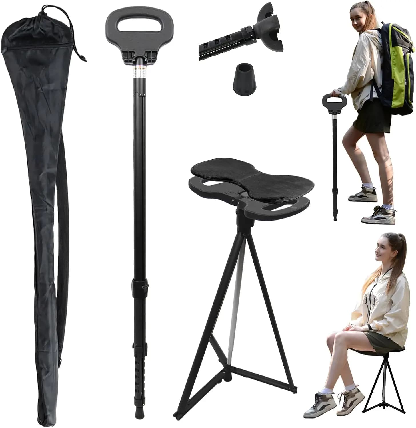 Adjustable Cane with Seat Folding Lightweight Portable Walking Stick Chair for Adults Seniors Travel Hiking with Cushion Carry Bag