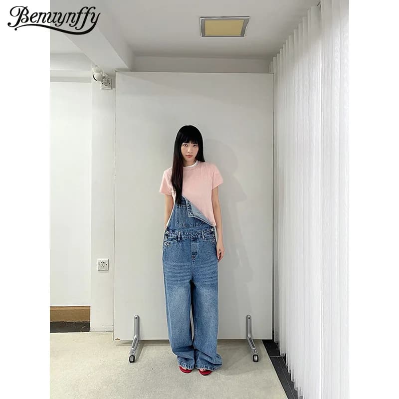 Benuynffy Tuta in Denim Vintage con Tasche Frontali, Stile Casual Streetwear per Donna, Nuova Collezione Estate 2026, Jeans a Gamba Dritta