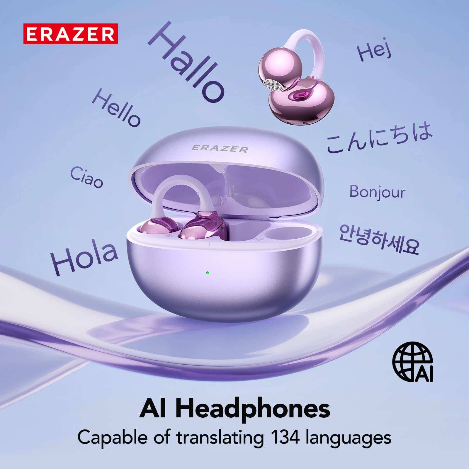 ERAZER Bluetooth Headphones AI Translation Earbuds Wireless Sport Ear Clip Earphones Low Latency HiFi Stereo Sound MP3 XF36