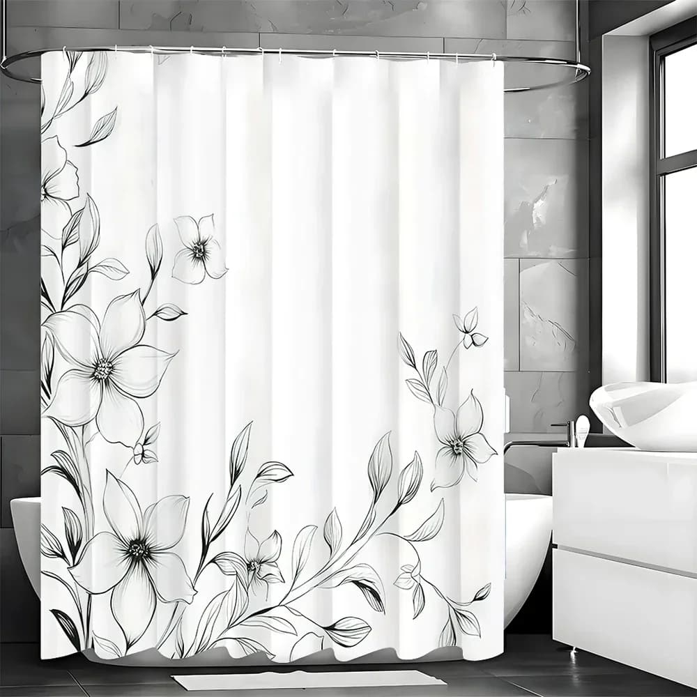 Tenda da doccia botanica floreale in bianco e nero, tenda da doccia decorativa per il bagno, tenda da doccia impermeabile con ganci