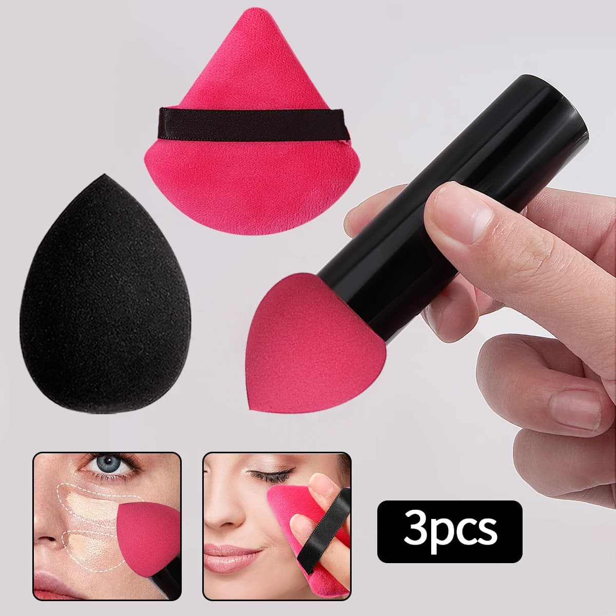 Pennello per trucco con testa in spugna da 3 pezzi, pennello per correttore, pennello per sbavature, spugna per trucco morbida, soffio per cipria a triangolo per uova, strumenti di bellezza