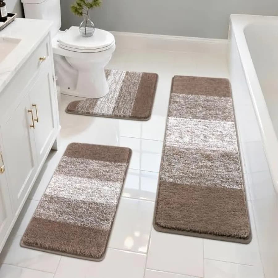 Set di 3 tappetini da bagno antiscivolo in peluche, tappeti assorbenti per il bagno, set di tappeti shaggy con tappetino per WC a forma di U, marrone 18"x