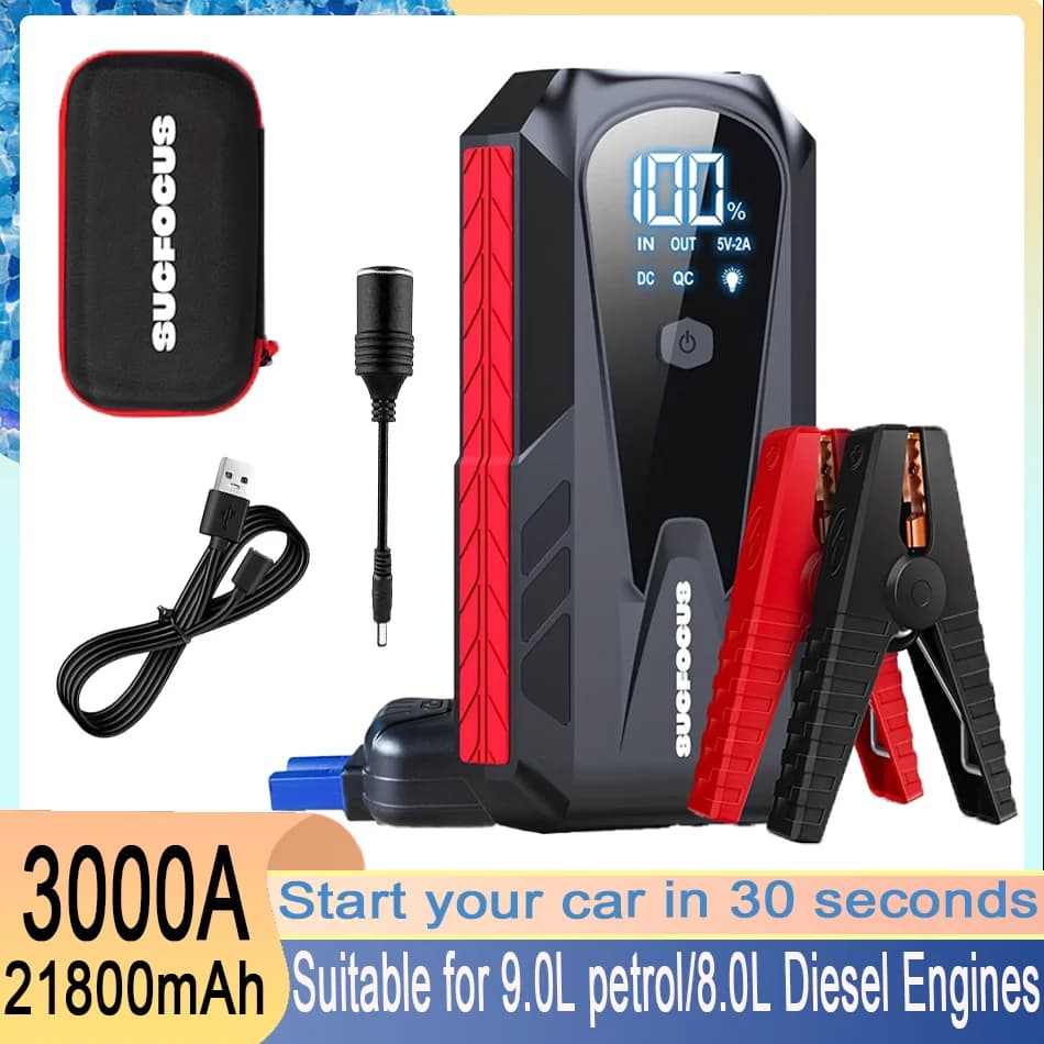 Avviatore di emergenza per auto 21800mAh 3000A per motori diesel a gas da 9,0 litri/8,0 litri - Display LCD, luci a LED, USB QC3.0