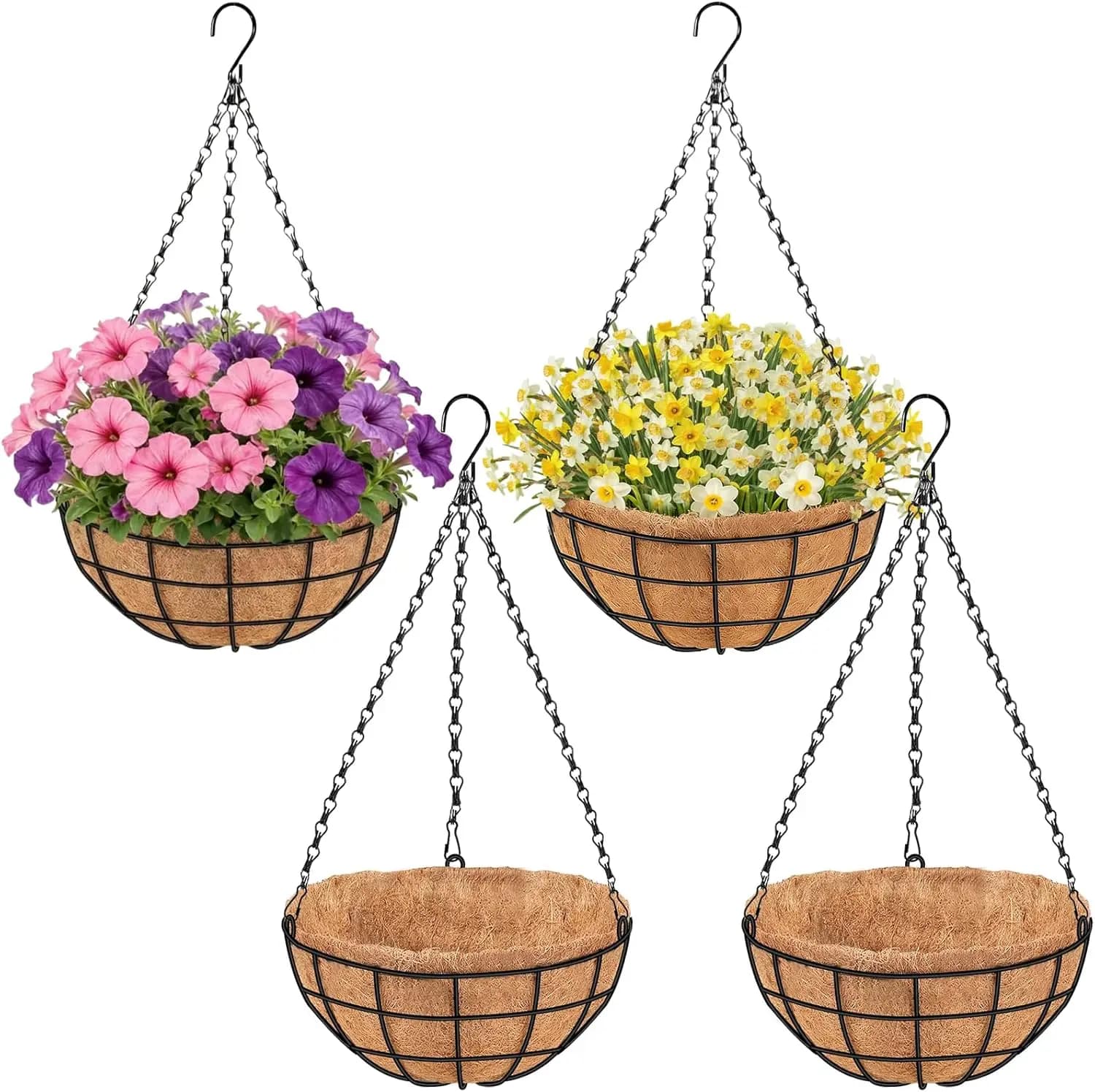 Large Suspended Planters from 14 Poles for Indoor and Exterior Plants, Set of 4 Round Baskets in Metallic Wire with Cock Fiber Coatings