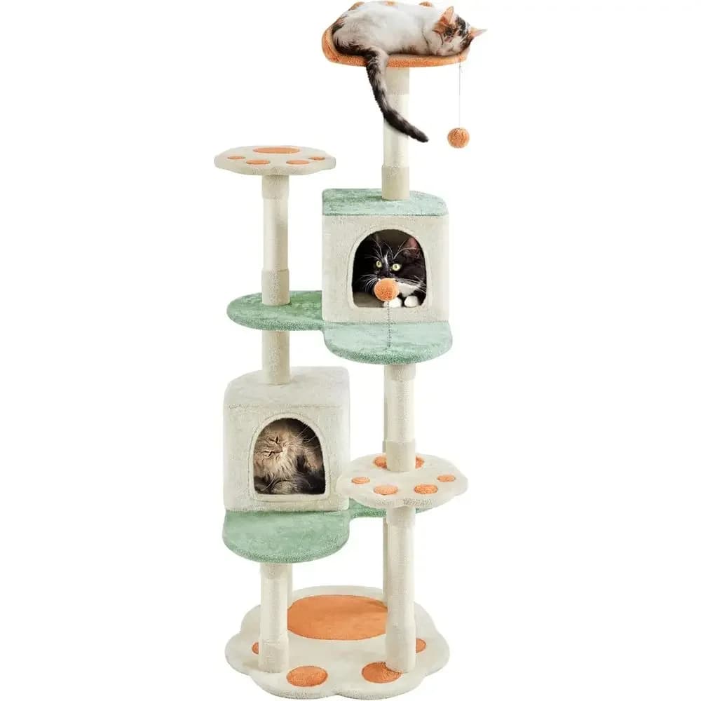 65 Cat Tree Tower with Heart Platform, Hanging Ball, Double Condos, Scratching Posts, Beige, Green, and Orange