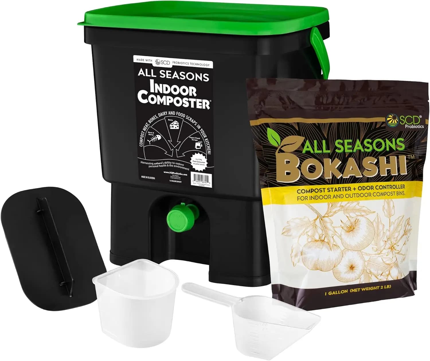 Kit Compostiera da Interno - Contenitore per Compost da Cucina da 16,7 L con Bokashi, Paletta, Misurino, Pressa, 0,9 kg di Compost Starter