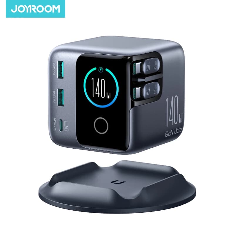 Caricatore da tavolo Joyroom 140W GaN con cavi retrattili USB C e USB A, caricatore rapido con display intelligente per telefoni, laptop, tablet