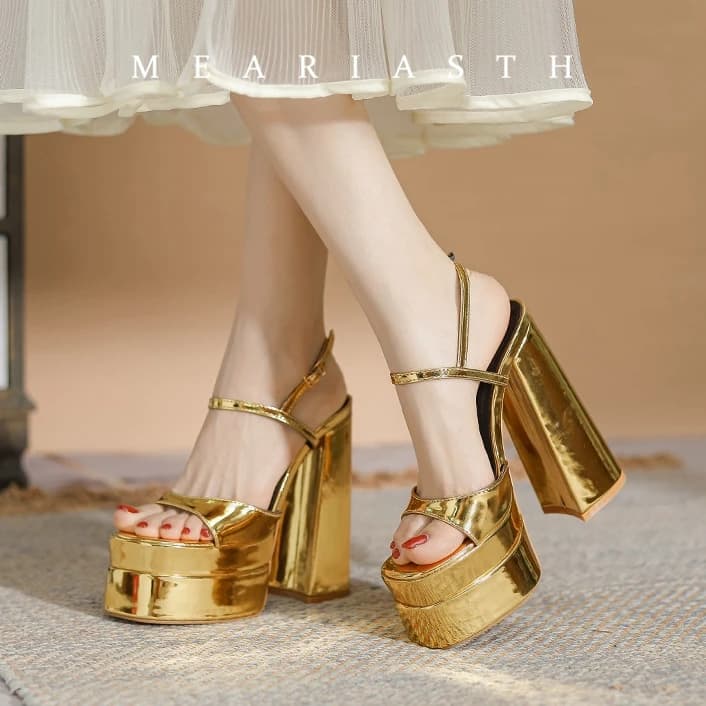 Sandali da donna con zeppa a doppia piattaforma e tacco ultra alto da 14 cm, in pelle verniciata, stile gladiatore, scarpe estive alla moda.