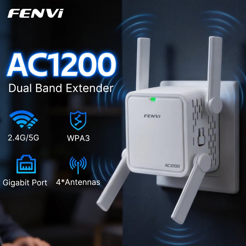 FENVI AC1200R Ripetitore WiFi 5GHz 1200Mbps Dual Band, Amplificatore di Segnale Wi-Fi 2.4G&5GHz, Estensore di Rete a Lungo Raggio