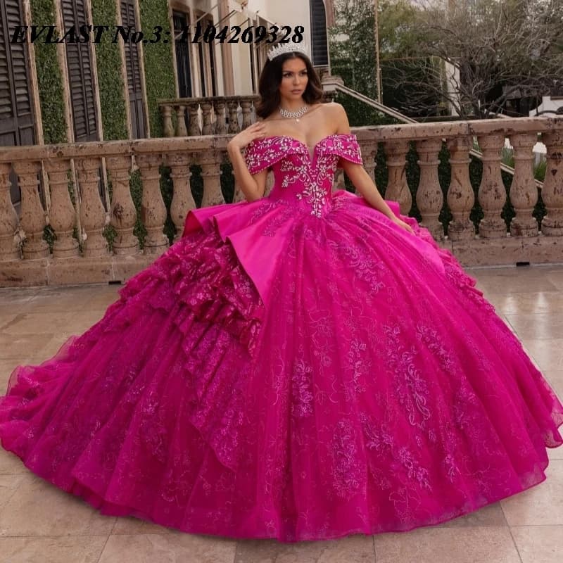 EVLAST Personalizzato 2025 Rosa Rosso Abito Quinceanera Abito di Sfera Applique di Pizzo Che Borda A File Dolce 16 Abiti Da 15 Anos E3Q805