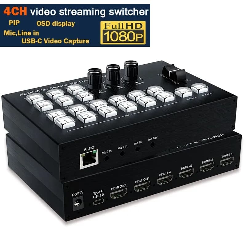 Switch video live HDMI 1080P 4 in 2 out Trasmissione Streaming Video Mixer Stazione Streaming live Switcher continuo Supporto PIP OBS
