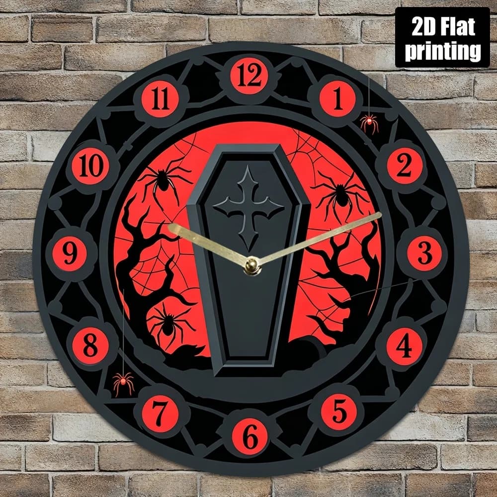 Orologio da Parete Stile Gotico a Forma di Bara da 8 Pollici, Design con Rose e Ragnatela - Movimento al Quarzo Silenzioso, Quadrante in Acrilico Rosso e Nero, Choice Hal