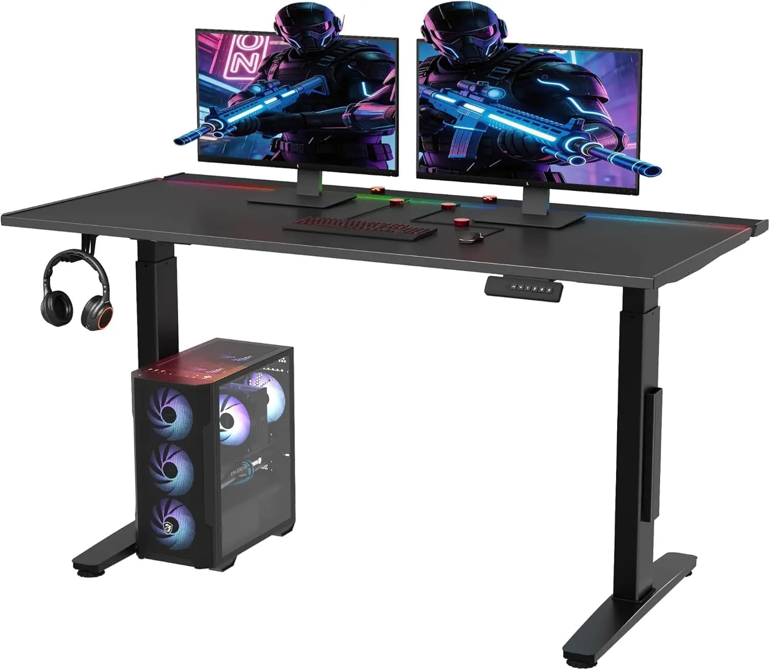 Scrivania da Gaming Elettrica RGB Regolabile in Altezza, 55 Pollici, Doppio Motore, con Gestione Cavi Integrata, Ergonomica Sit-Stand