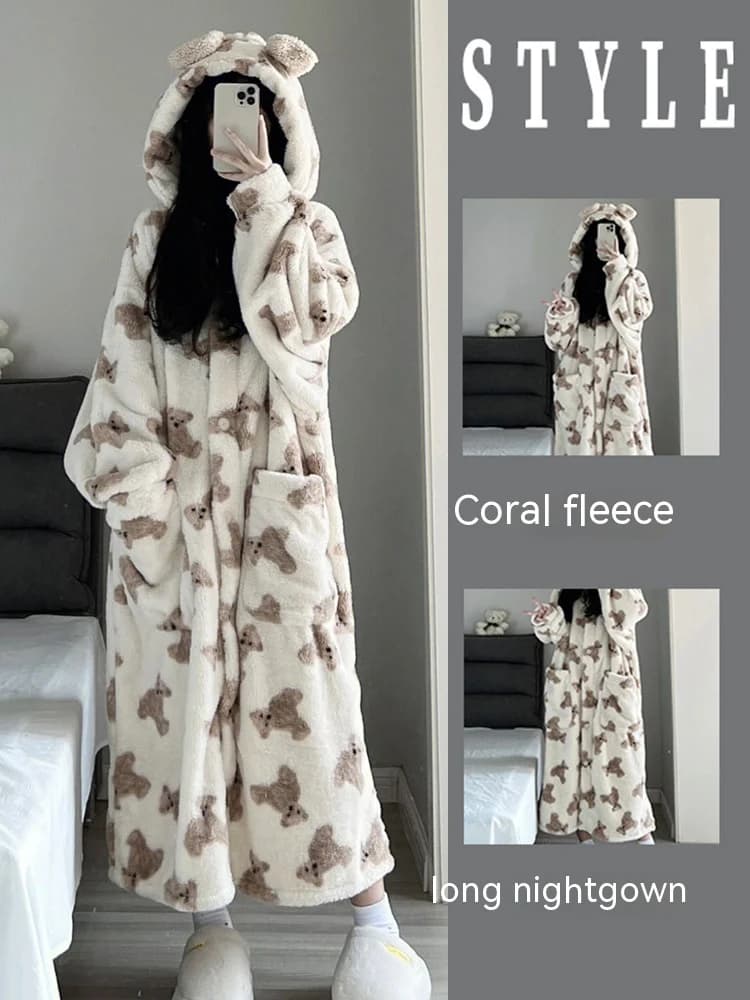 Fall and Winter Long Coral Velvet Nightgown Girl Cute Bear Pajamas Women's Thickened Warm Flannel Hooded Bathrobe Homewear