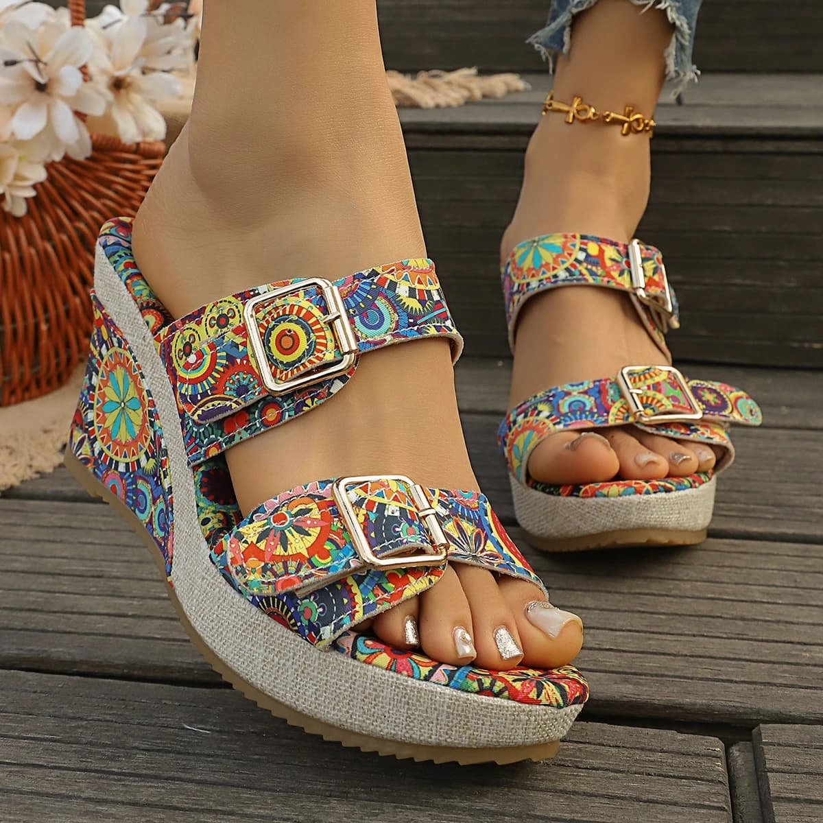 Sandali con Zeppa da Donna 2025 Nuovo Stile Estivo, da Esterno, con Fiocco, Aumento Altezza, alla Moda, Monofascia