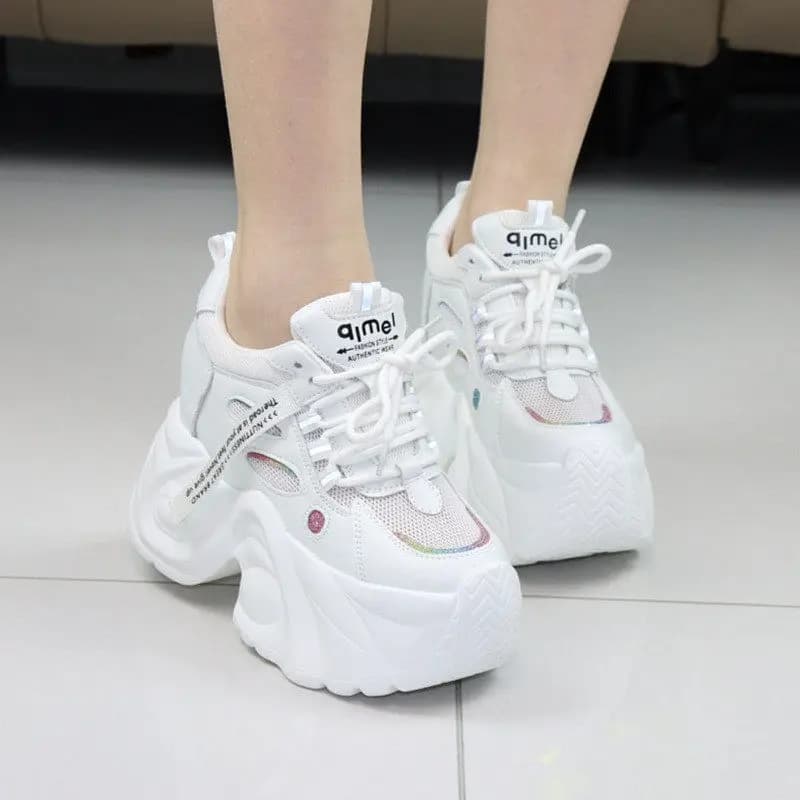 Sneakers Bianche da Donna con Plateau 10CM, Scarpe Casual Traspiranti in Mesh, Scarpe con Suola Spessa 12CM Stile Dad Shoes