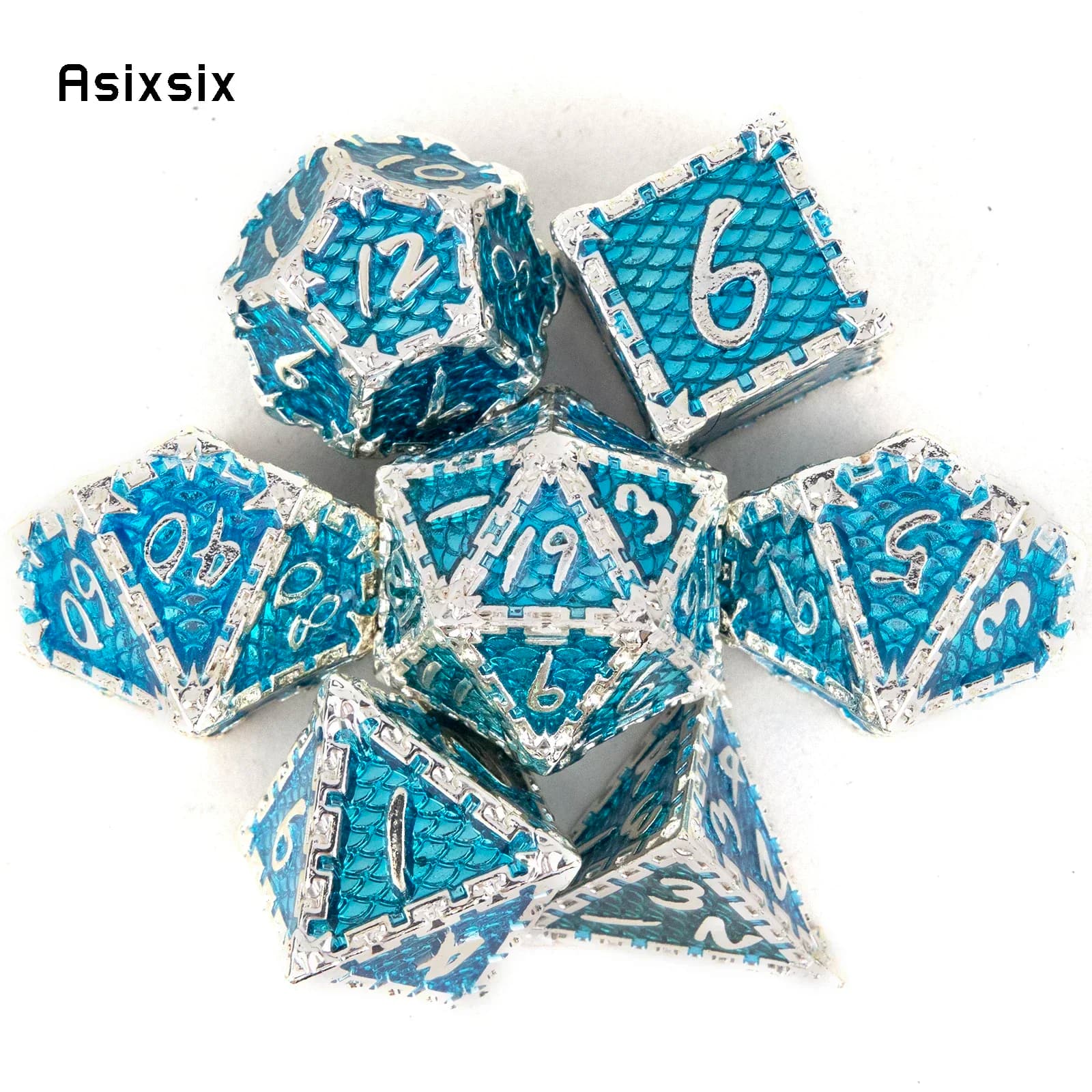 Set di 7 Dadi in Metallo Argento Blu a Scaglie di Pesce, Perfetti per Giochi di Carte, Giochi da Tavolo, Critical Role, RPG, D&D