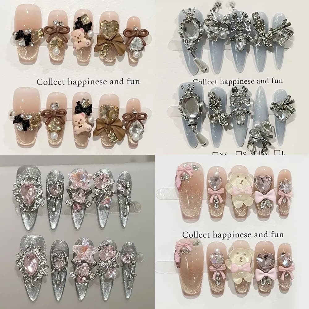 Sweet adorable bear cartoon long bare stiletto fingernails fake bowknot pearl diamond flowers cat eyes wearable nails fake