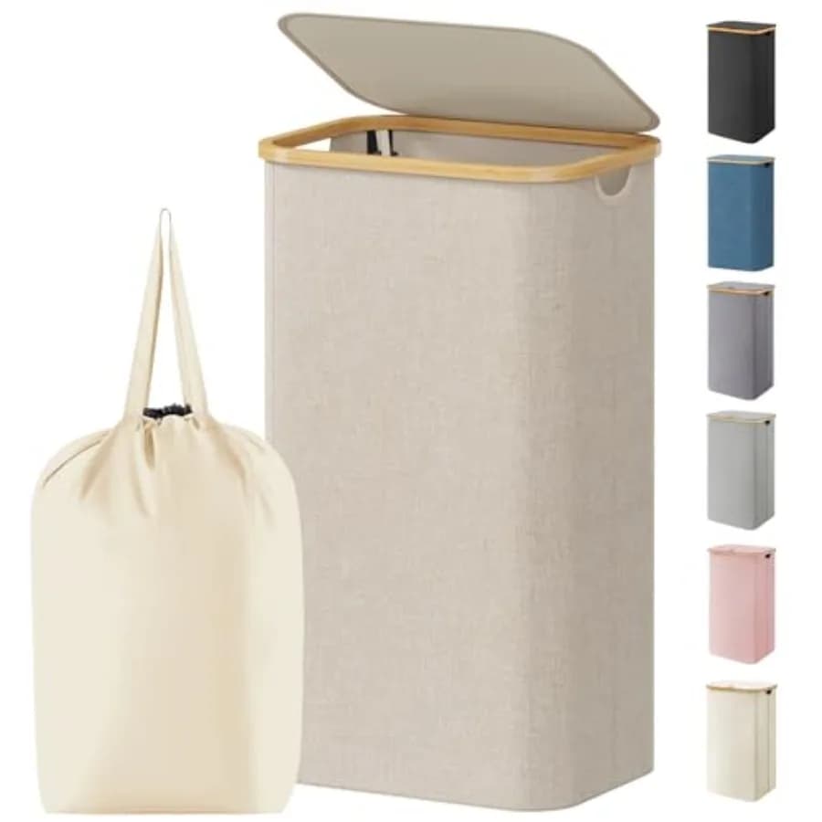100L Laundry Basket with Lid, Clothes Hampers for Laundry with Bamboo Handles and 1 Removable Bag, Large Foldable Laundry Hampe
