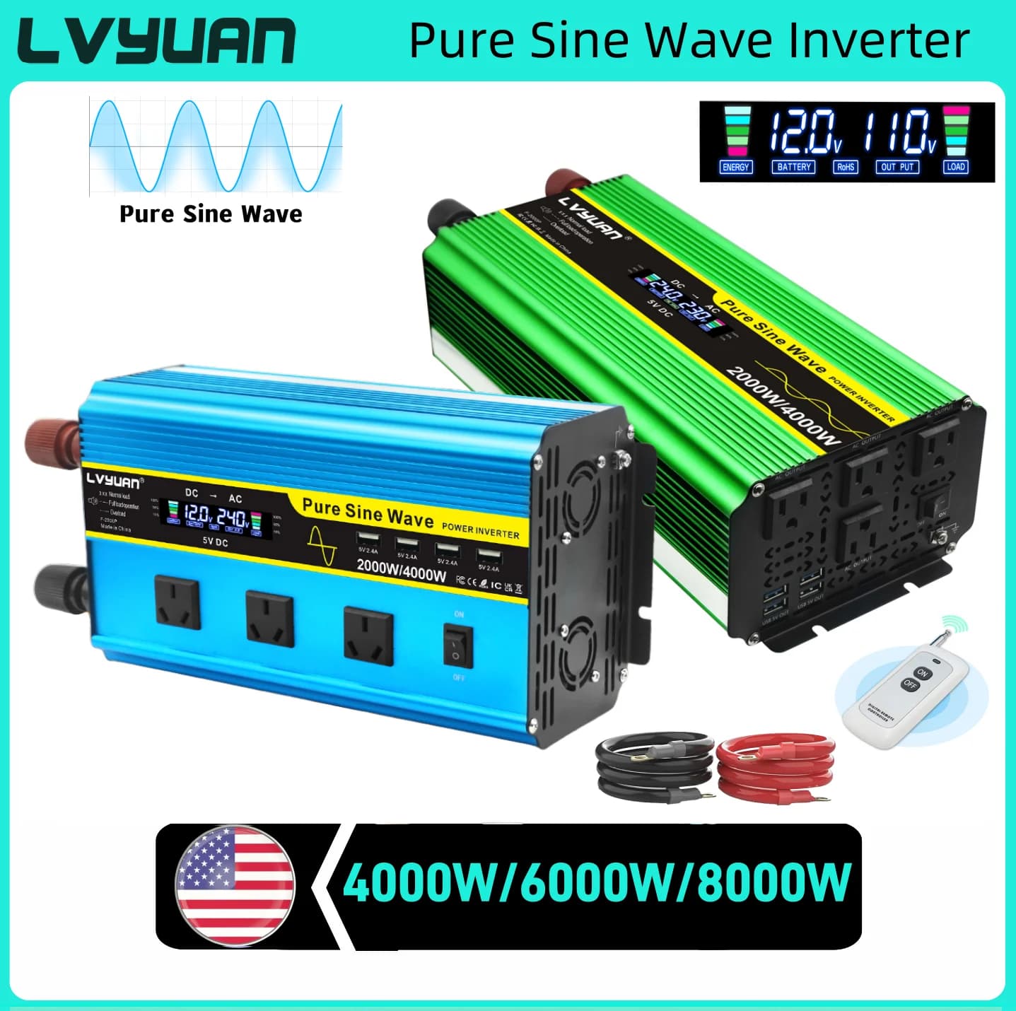 LVYUAN pure sinusoidal wave inverter DC12V 24V-AC110V 8000W/6000W/4000W power inverter for kettle/electric pot/small refrigerator