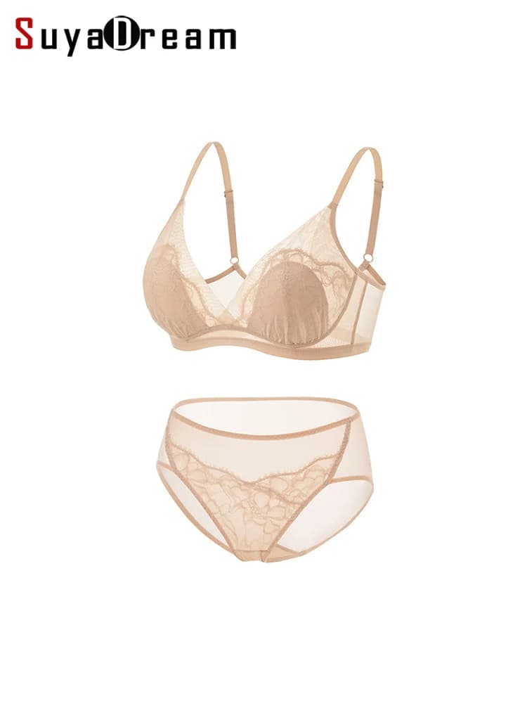 SuyaDream, set reggiseno donna in pizzo, fodere in vera seta al 100%, coppa sottile, biancheria intima senza ferretto, intimo accogliente 2025, nudo, nero