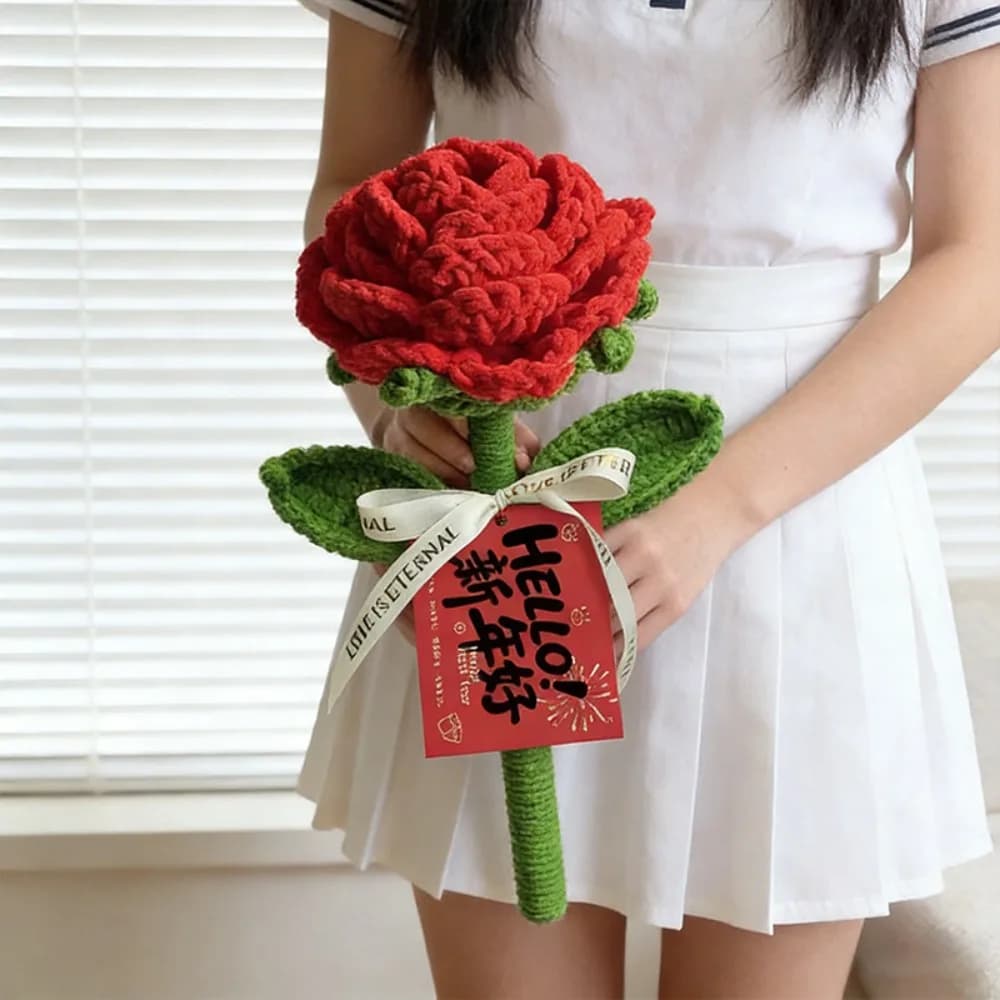 Rosa Lavorata a Maglia Fatta a Mano, Fiore Artificiale Creativo all'Uncinetto, Prodotto Finito, Rose Simulate all'Uncinetto, Regalo per Coppie