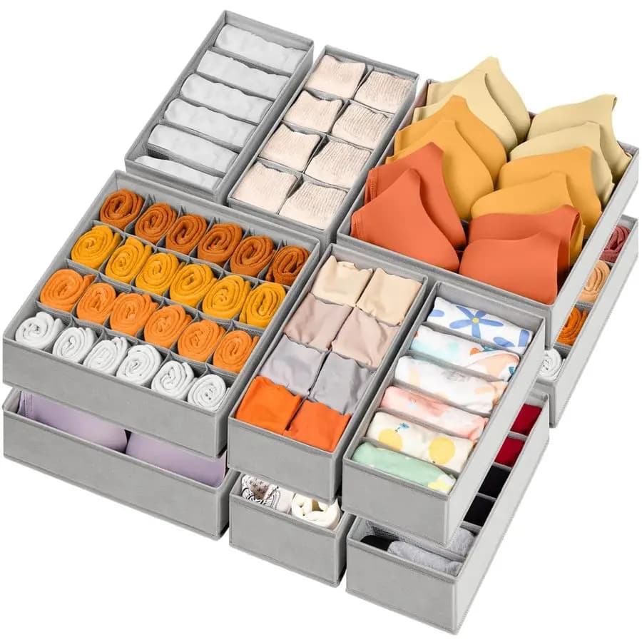 Organizzatori per Cassetti e Armadi, Set da 12, 116 Scomparti, Divisori Pieghevoli in Tessuto per Calzini e Biancheria Intima, Contenitori per Vestiti per Bambini