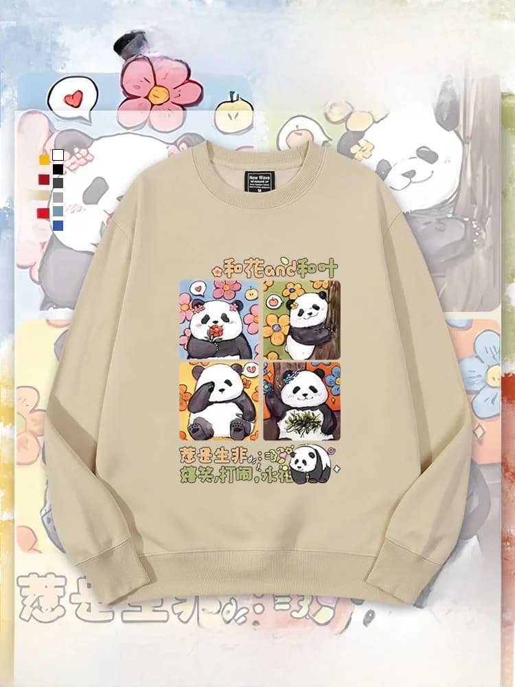 Adorable Fce-lined Panda Flower And Le Hoodie ex Youth Casual Loose Fit round Ne Print Sweatirt for Autumn Winter