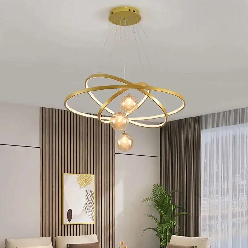 Modern black / golden LED pendant lamps for living room, dining room, circular rings, acrylic aluminum body, home decoration, hanging lamp