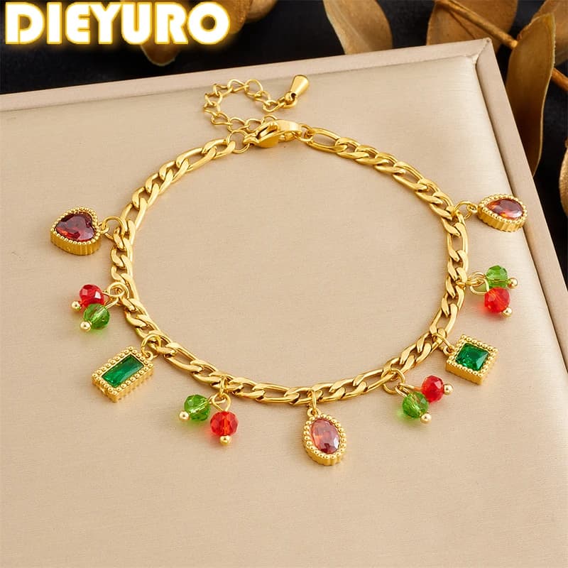 DIEYURO 316L Stainless Steel Color Crystal Inlaid Oval Square Pendant Bracelet Lady New Fashion Wrist Chain Jewelry Glamorous