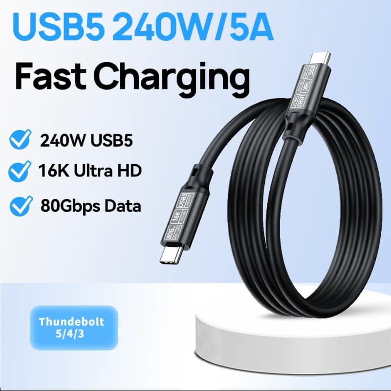 USB-C to USB-C 240W Fast Charging Cable 80Gbps Data Cable Compatible with Thunderbolt 5/4/3 Suitable for Huawei MacBook Samsung