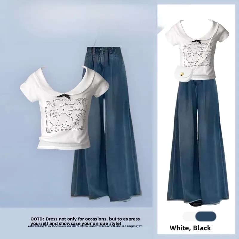 Summer Knot Print Doll Collar Short Sleeve T-Shirt And Slimming Jeans Two-Piece Set Fashionable Casual Women's Wear