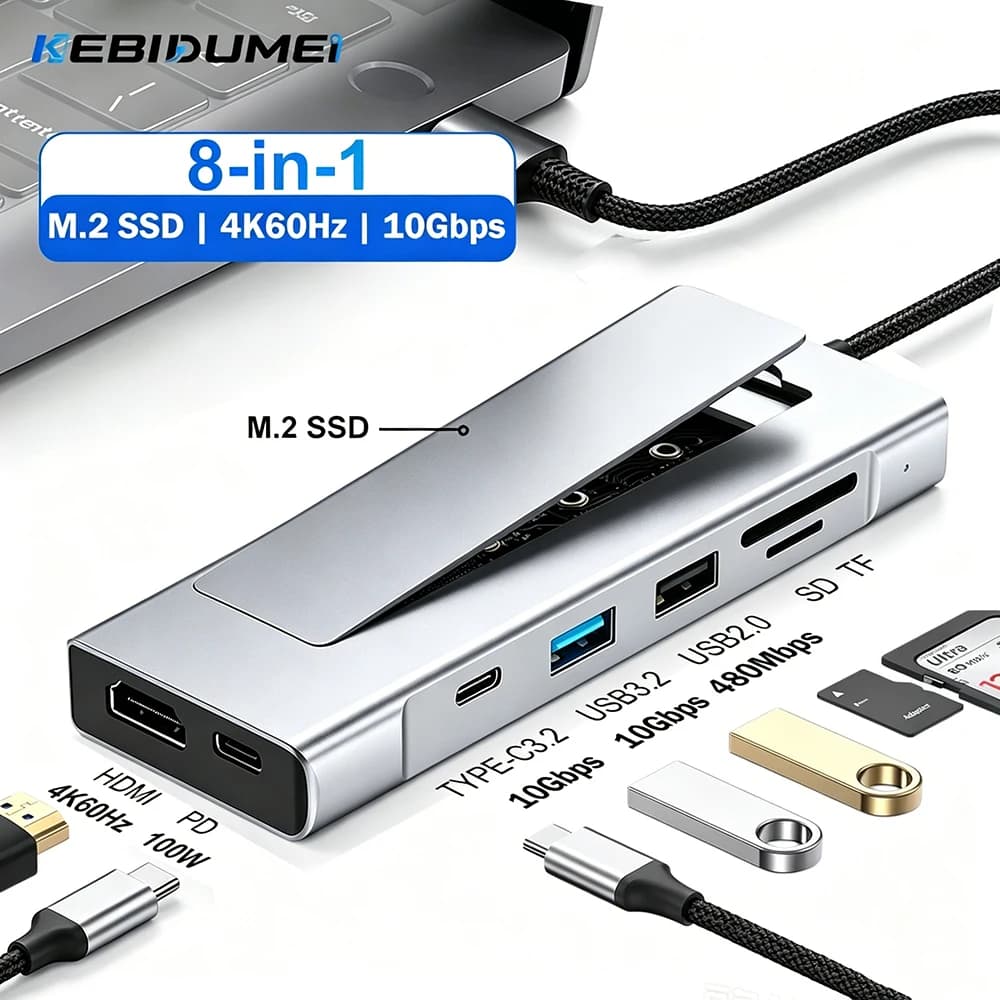 KEBIDUMEI M.2 SSD Hub 8 Ports USB C Docking Station Type C to HDMI 4K60Hz USB3.2 10Gbps PD100W Adapter For Laptop Macbook Pro