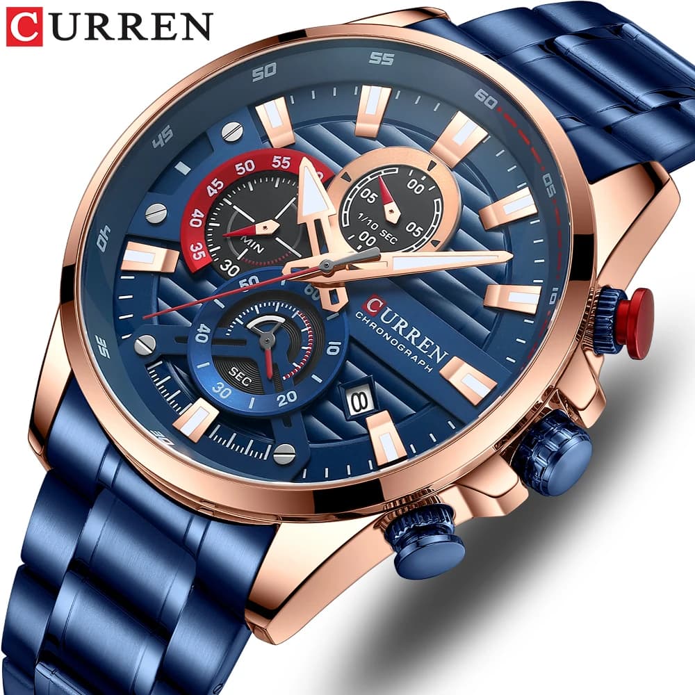 CURRENT New Multifunction Blue Quartz Watches Sports Wrist Watch With Stainless Steel Strap For Men With Luminous Hands