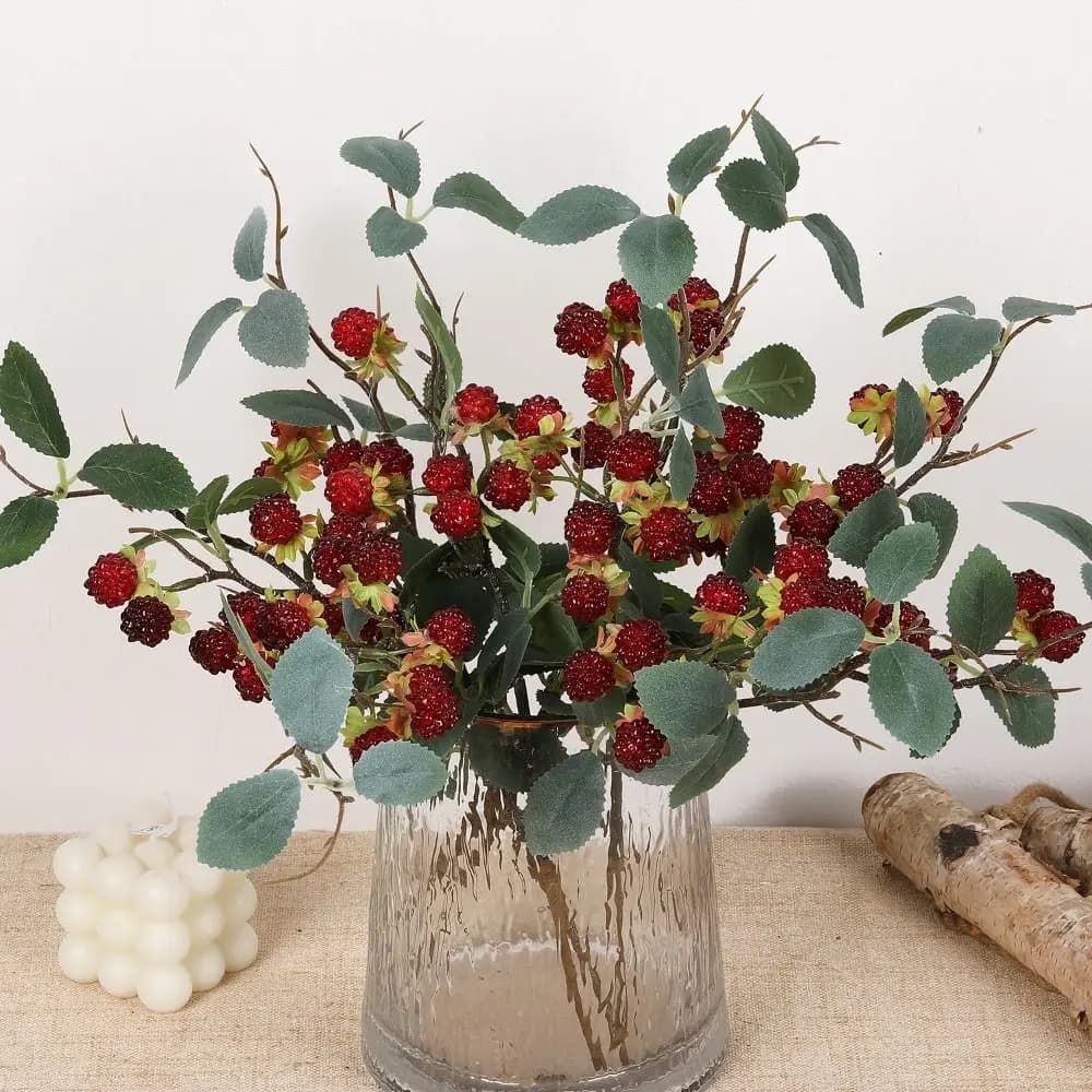 Creative Simulation Berry Branches Faux Fruit Red Raspberry Artificial Plant Green Leaves Photo Props Home Decoration