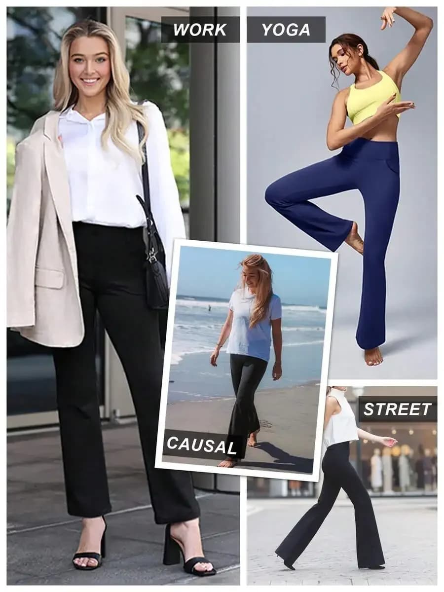 Pantaloni da yoga leggeri a gamba larga da donna, elasticizzati, con passanti per cintura e tasche